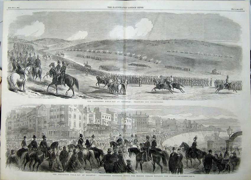 Old Antique Print 1862 Volunteer Field-Day Brighton Marine Parade Horses 19th