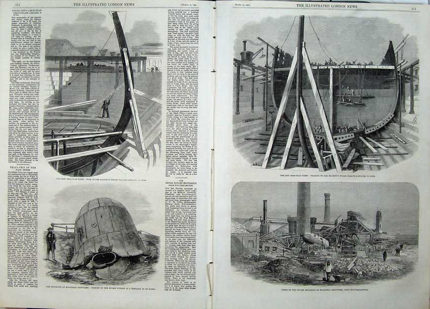 Antique Old Print 1862 Iron Clad Fleet Achilles Explosion Millfield Works 19th