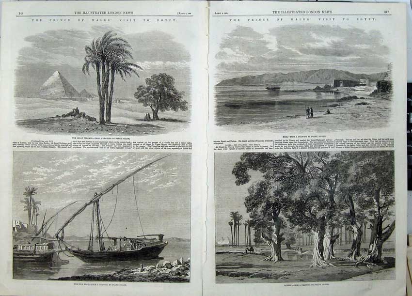 Old Antique Print 1862 Prince Wales Egypt Suez Djizeh Nile Boat Pyramid 19th