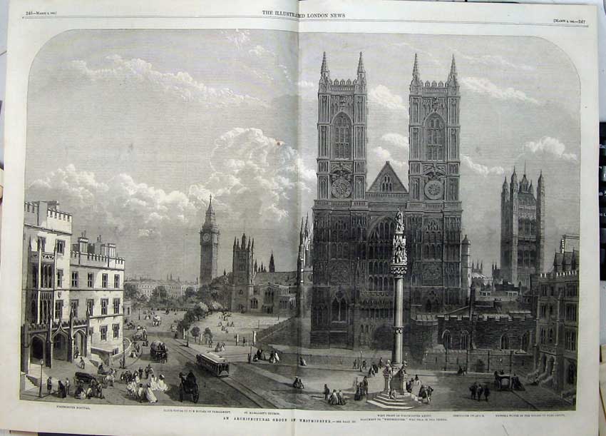 Old Antique Print Westminster Abey 1862 Parliament Clock-Tower Hospital 19th