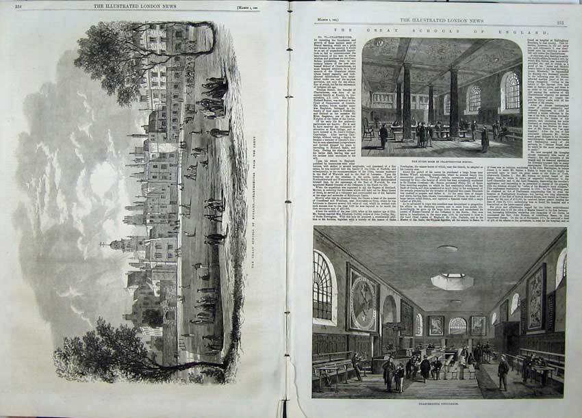 Old Antique Print 1862 Charterhouse School Room England Garden Children 19th