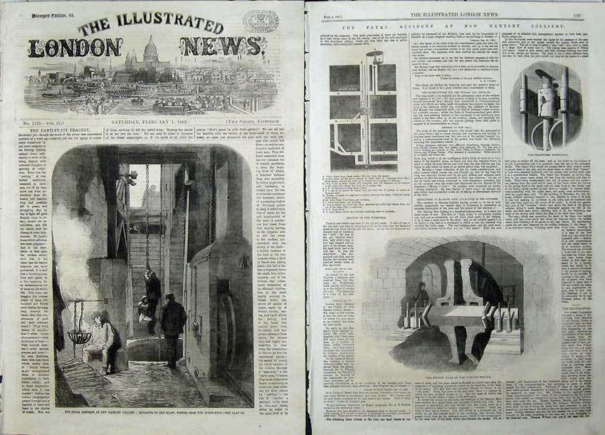 Antique Old Print 1862 Hartley Colliery Shaft Accident Pumping Engine Cap 19th