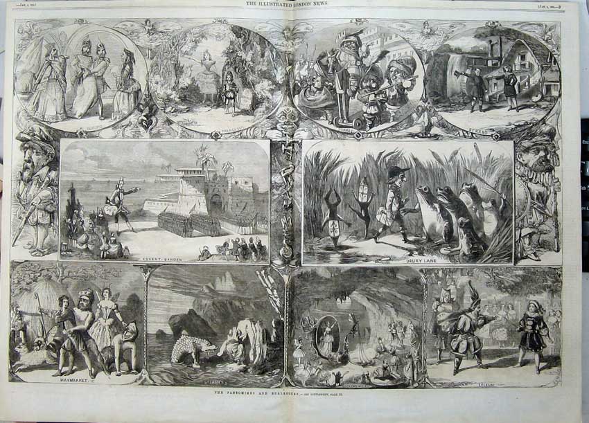 Old Antique Print Pantomimes 1862 Theatre Lyceum Drury Covent Haymarket 19th