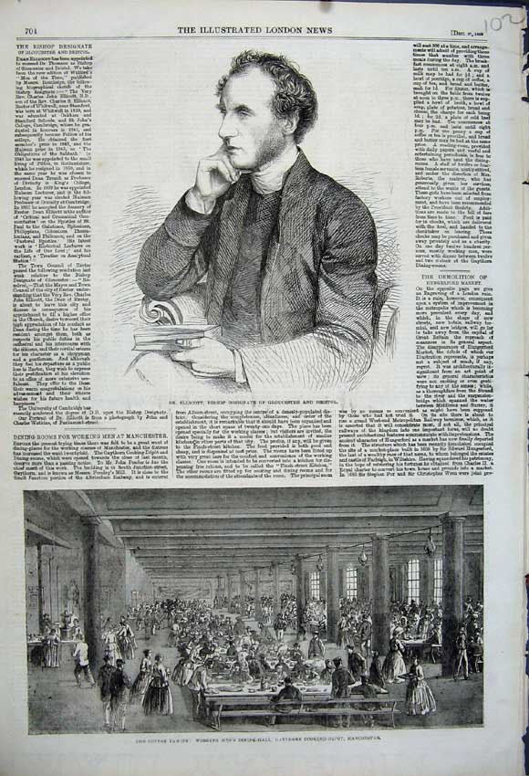Old Antique Print 1862 Dr Ellicott Bishop Bristol Working Men Dining Hall 19th