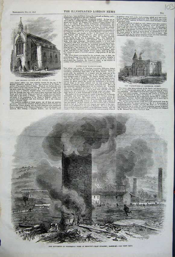 Old Antique Print Explosion Edmunds Collery Barnsley 1862 Church Surrey 19th