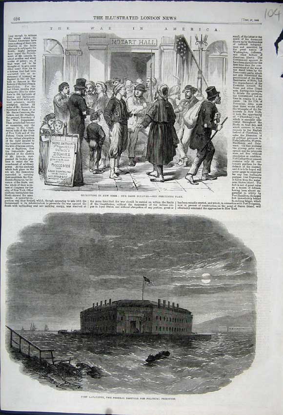 Old Antique Print 1862 Fort Lafayette Bastille New York Irish Zouaves War 19th
