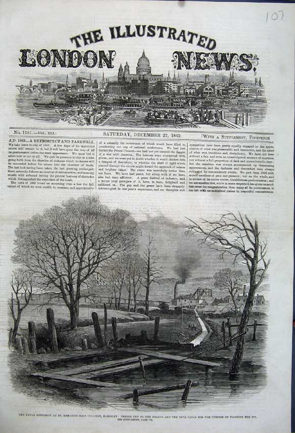 Old Antique Print 1862 Explosion Edmund'S Colliery Barnsley Trench Canal 19th
