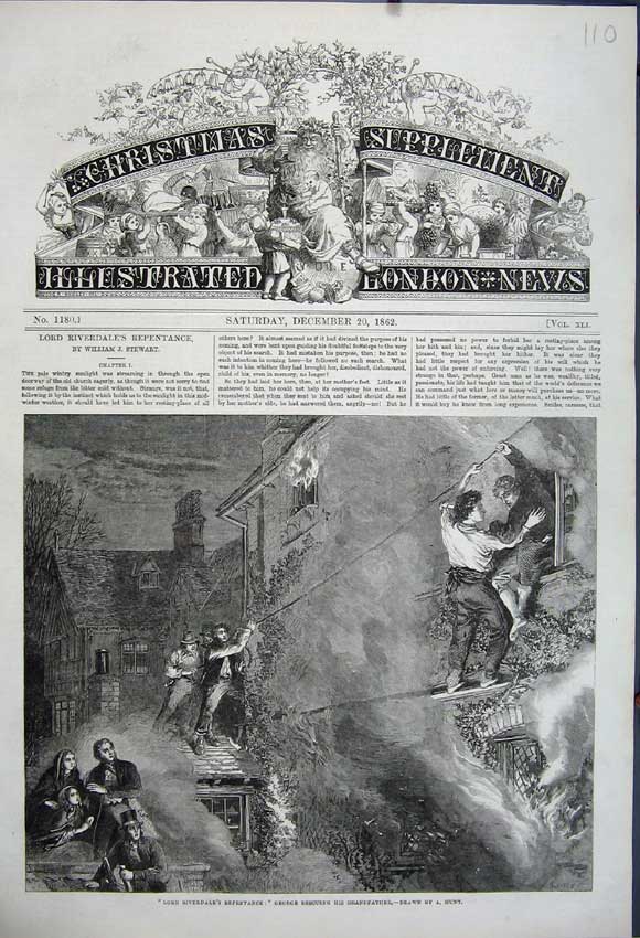 Original Old Antique Print Lord Riverdale 1862 George Rescuing Grandfather Fire