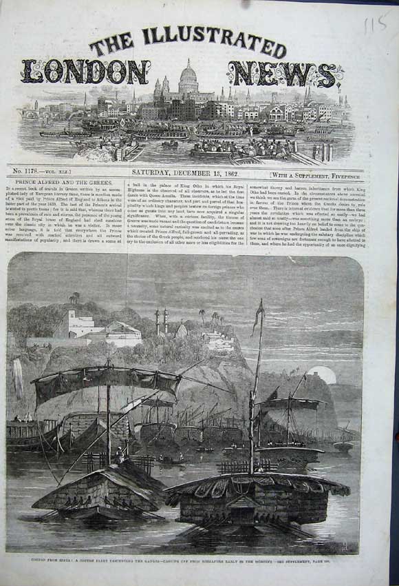 Old Antique Print 1862 Cotton India Sailing Ship Fleet Ganges Mirzapore 19th