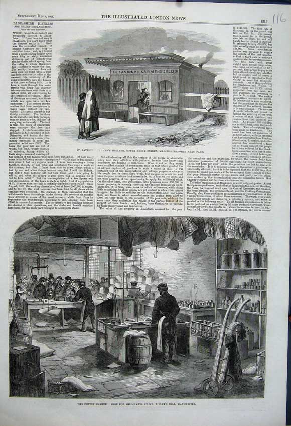 Original Old Antique Print Cotton Famine Birley 1862 Saviour Shelter Manchester