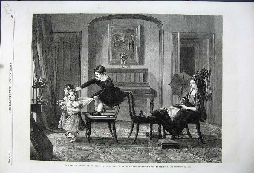 Original Old Antique Print 1862 Children Playing Horses Chairs Mother Umbrella