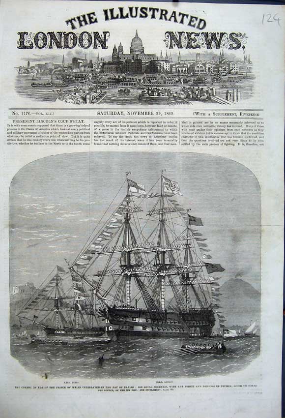 Antique Old Print 1862 Ships H. M. S Doris London Bay Naples Prince Prussia