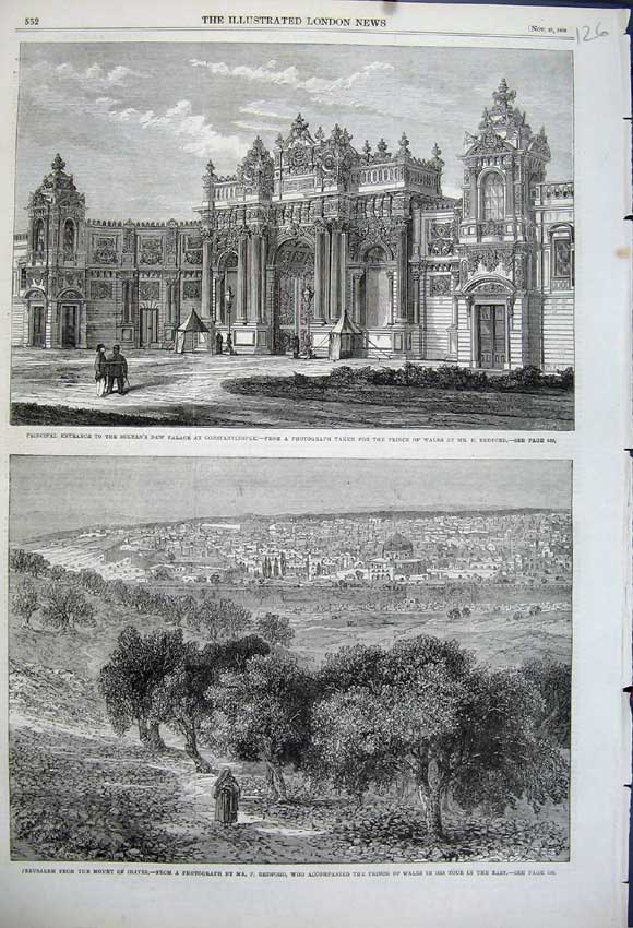 Old Antique Print 1862 View Jerusalem Sultan Palace Constantinople Wales 19th