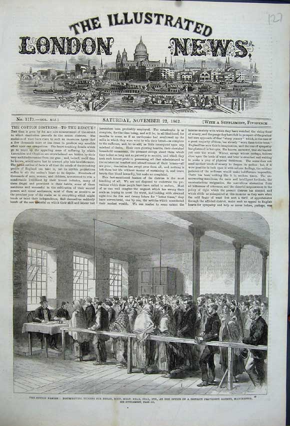 Old Antique Print 1862 Cotton Famine Tickets Office Provident Manchester 19th