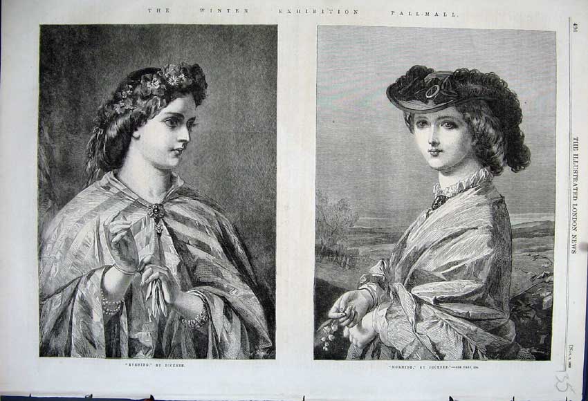 Old Antique Print 1862 Winter Exhibition Pall Mall Women Morning Evening 19th