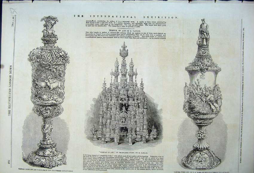 Original Old Antique Print 1862 Temple Art Carved Ivory Cup Bohler Zollverein