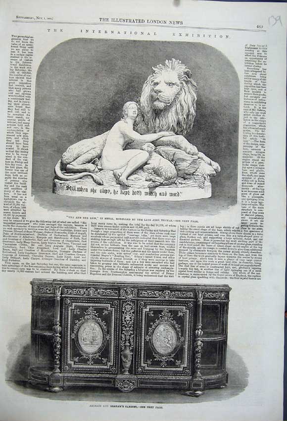 Old Antique Print 1862 Jackson Graham Cabinet Una Lion Metal John Thomas 19th