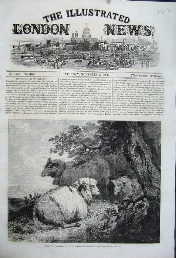 Original Old Antique Print 1862 Country Sheep Morland International Exhibition