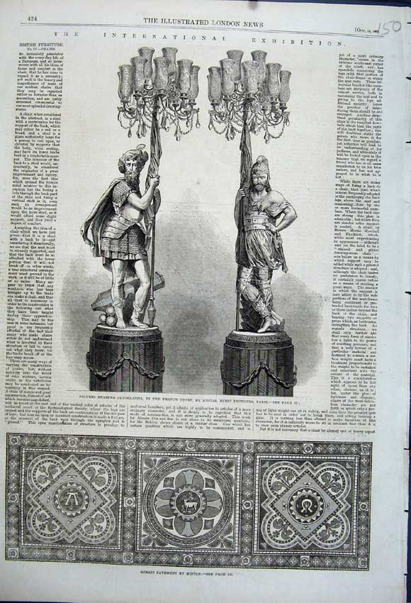 Old Antique Print Mosaic Pavement Minton 1862 Figures Candelabra French 19th