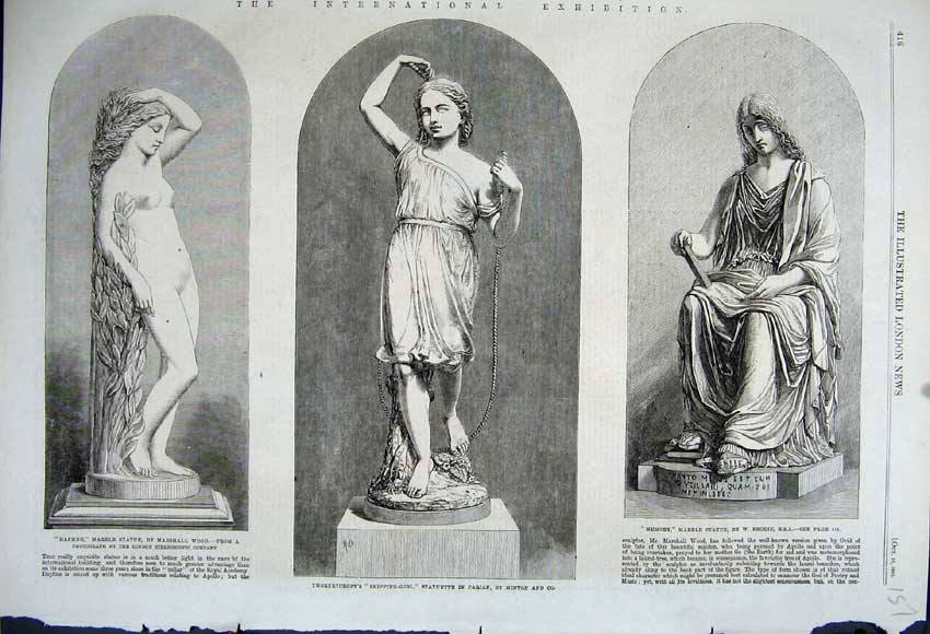 Old Antique Print 1862 Statue Skipping Girl Minton Daphne Marble Memory 19th