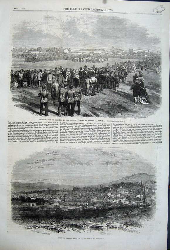 Old Antique Print 1862 View Smyrna Turkey Victoria Rifles Montreal Canada 19th