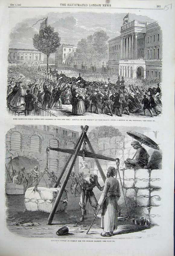 Original Old Antique Print 1862 Weighing Cotton Bombay King LeopBrussels 19th