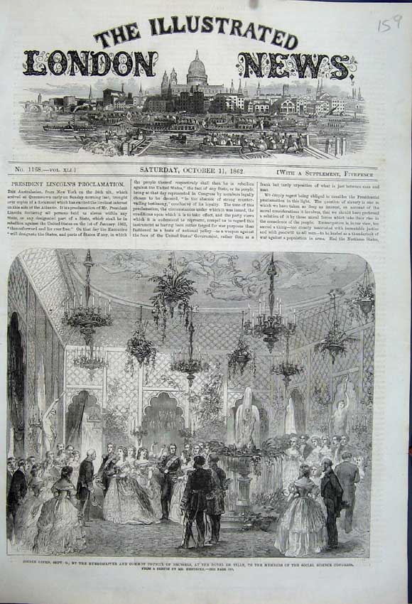 Old Antique Print 1862 Soiree Common Council Brussels Hotel Ville Party 19th