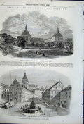 Original Old Antique Print 1862 Market Place Gotha Ducal Palace Germany Queen