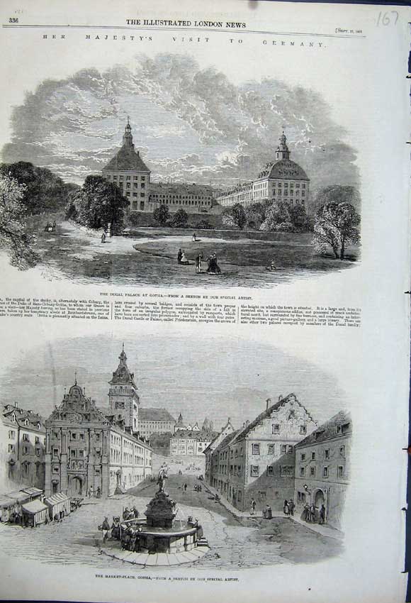 Original Old Antique Print 1862 Market Place Gotha Ducal Palace Germany Queen