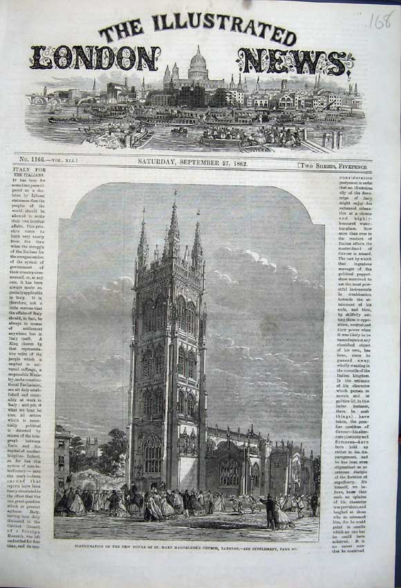 Old Antique Print 1862 Inauguration Tower Mary Magdalene Church Taunton 19th