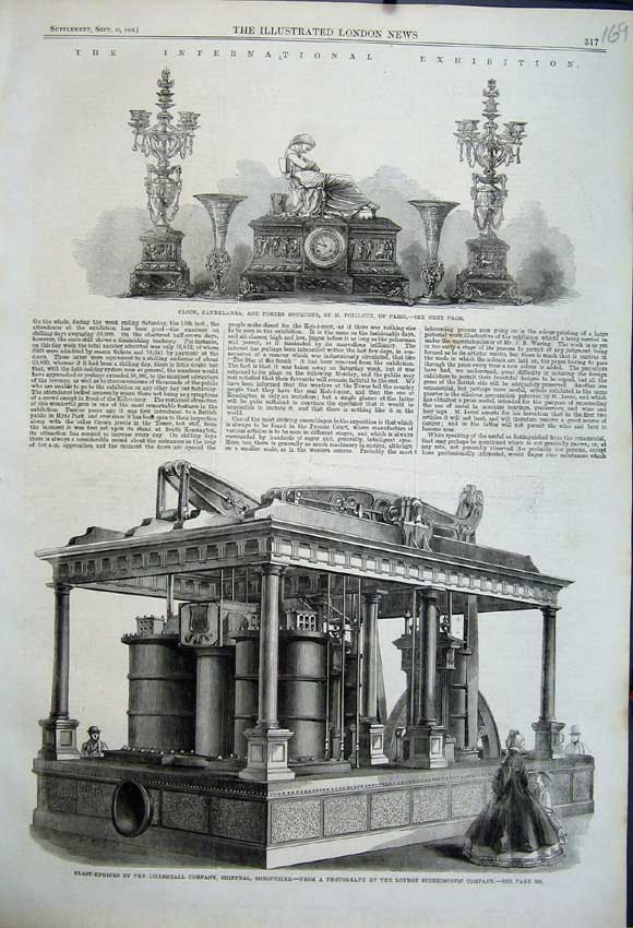 Original Old Antique Print 1862 Paris Clock Candelabra Blast-Engine Lilleshall