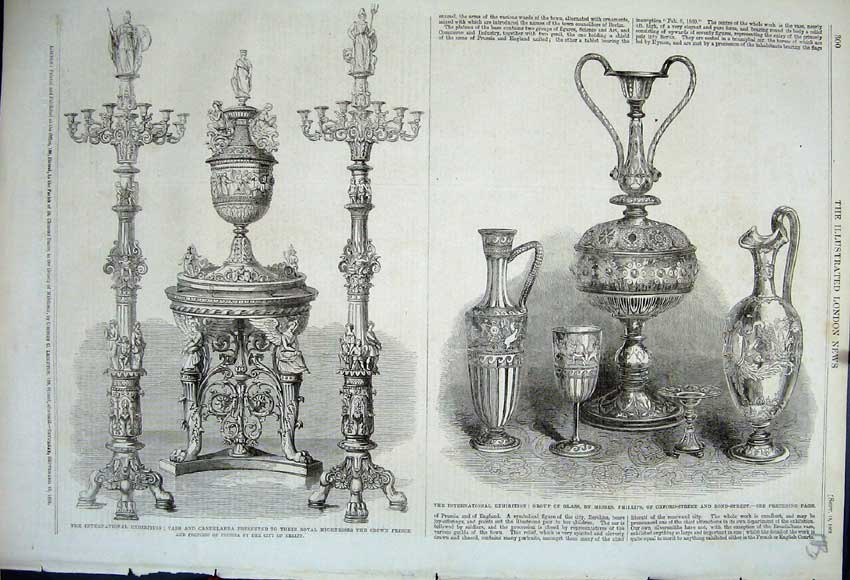 Original Old Antique Print 1862 Vase Candelabra Prince Prussia Glass Ornaments