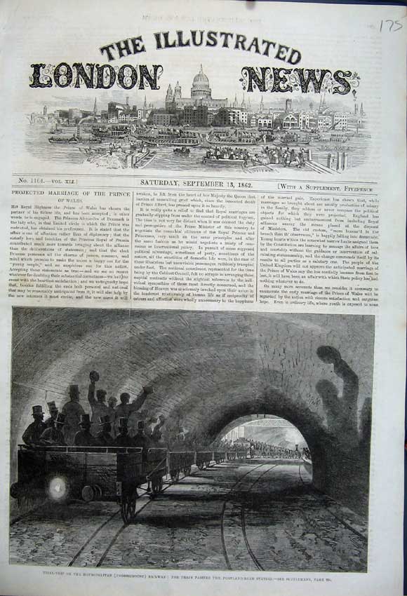 Old Antique Print Train Trip Metrolpolitan Railway Tunnel Portland 1862 19th