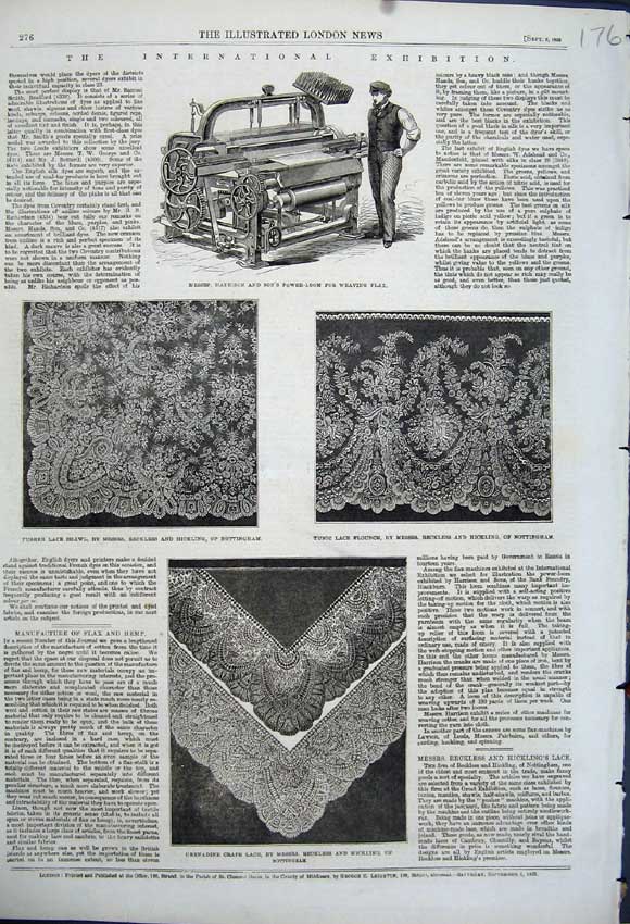 Old Antique Print 1862 Grenadine Crape Lace Power Loom Flax Shawl Tunic 19th