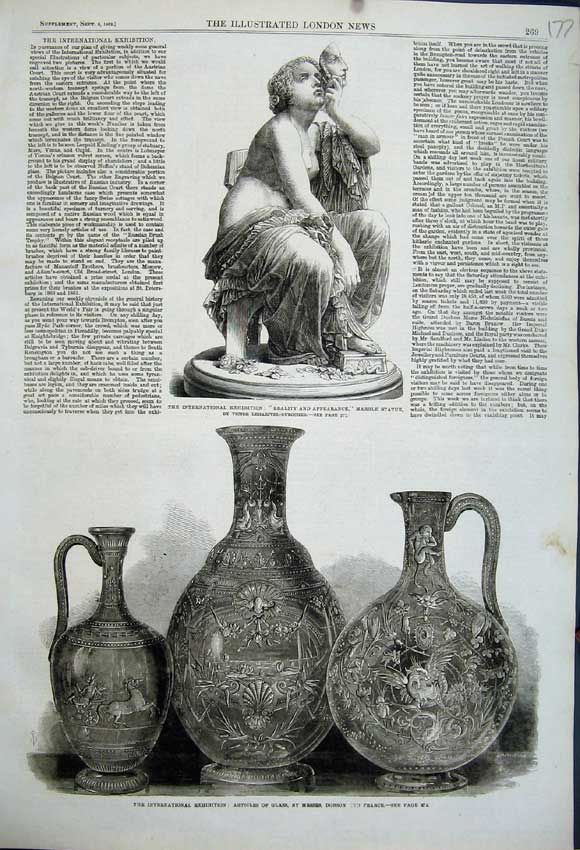 Original Old Antique Print 1862 Articles Glass Vase Dobson Marble Statue Woman