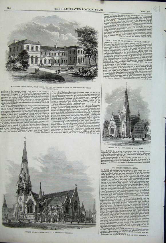 Old Antique Print 1862 Church St Andrew Dublin Luke Hull Woodhouse-Grove 19th