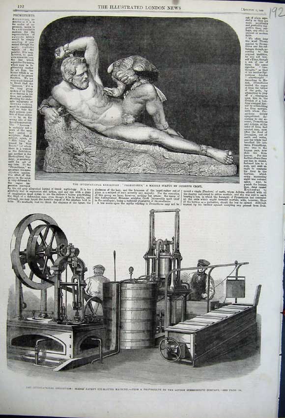 Original Old Antique Print 1862 Marble Statue Siebe'S Patent Ice Making Machine