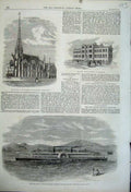 Old Antique Print 1862 India Ship Stanley Church Messiah Cancer Hospital 19th