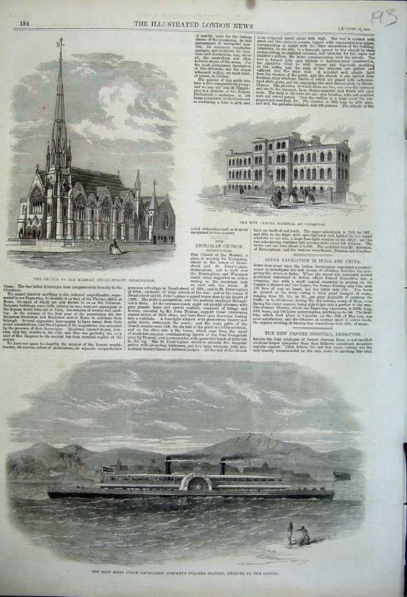 Old Antique Print 1862 India Ship Stanley Church Messiah Cancer Hospital 19th