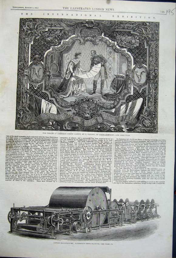 Original Old Antique Print 1862 Harrison Sizing Machine Treaty Commerce Carpet