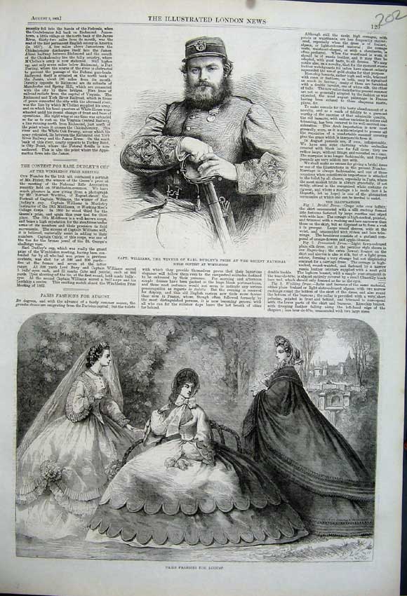 Old Antique Print Paris Fashion 1862 Captain Williams Earl Dudley Rifle 19th