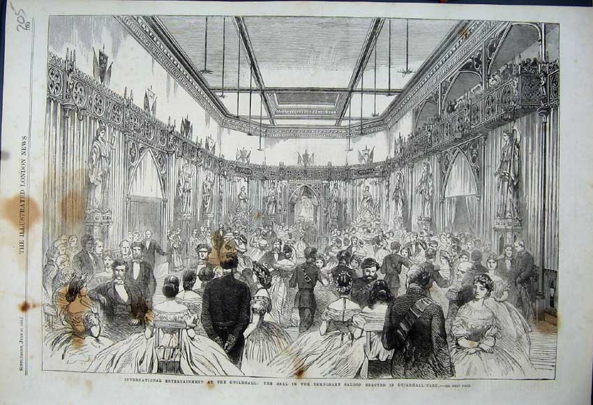Old Antique Print 1862 Ball Saloon Guildhall Yard Entertainment Dancing 19th