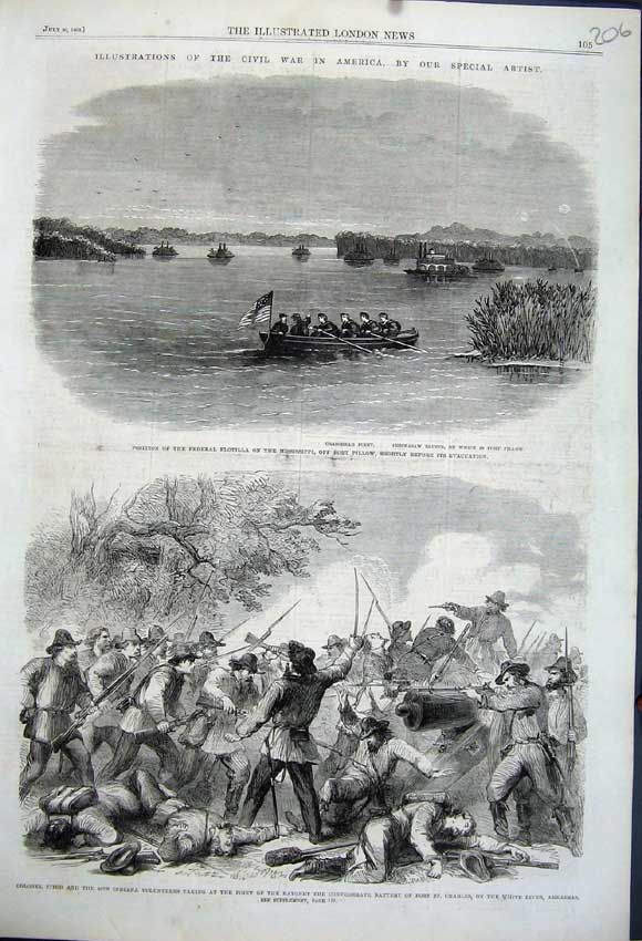 Original Old Antique Print 1862 Colonel Fitch Battle Flotilla Mississippi Fort