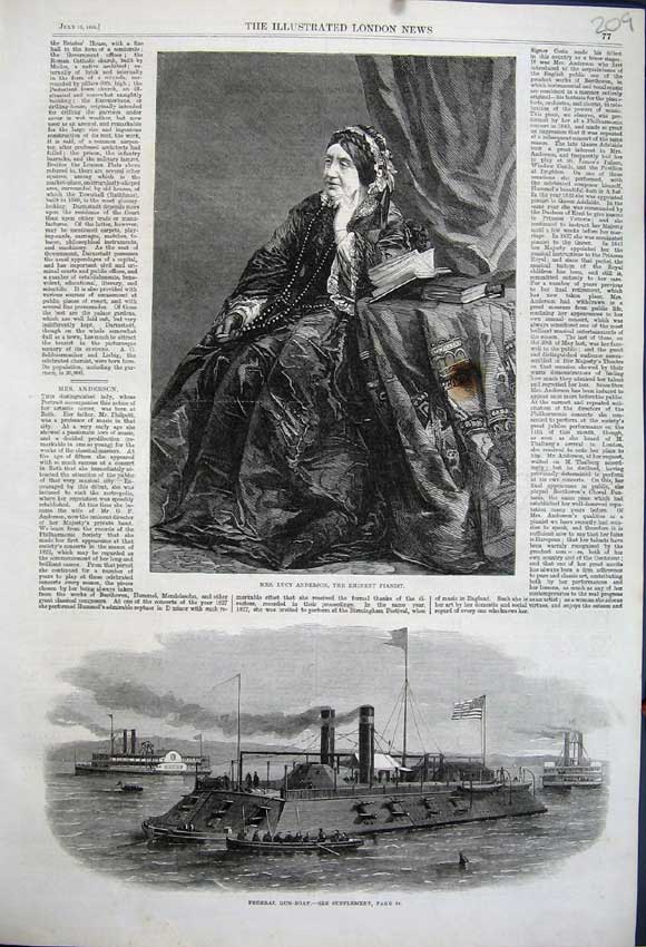 Original Old Antique Print Lucy Anderson Eminent Pianist 1862 Federal Gun-Boat