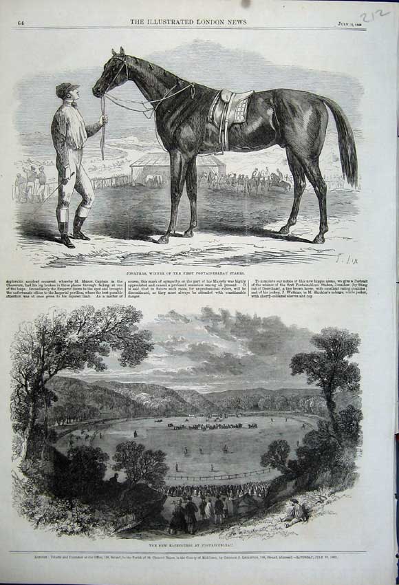Original Old Antique Print 1862 Racecourse Fontainebleau Jonathas Horse Sport