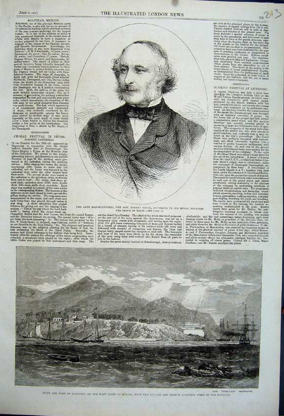 Old Antique Print Major General Robert Bruce Fort Acapulco Mexico Ships