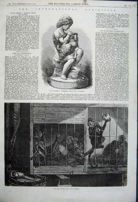 Old Antique Print 1862 Monkeys Cages Animals Verlat Marble Statue Durham 19th