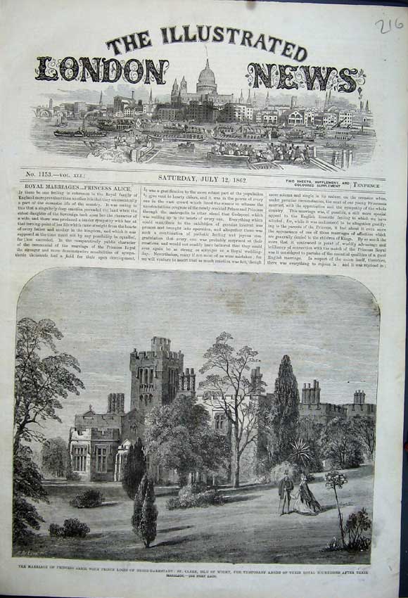 Original Old Antique Print 1862 St Clare Isle Wight Castle Marriage Louis Alice