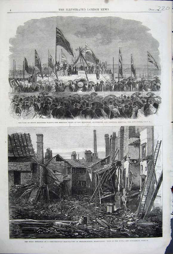 Original Old Antique Print 1862 Explosion Manufactory Birmingham Earl Edgcumbe