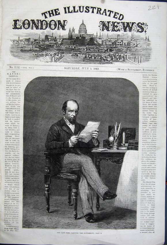 Original Old Antique Print 1862 Portrait Earl Canning Man Table Reading Paper